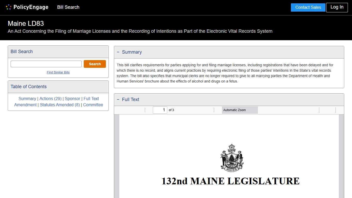 LD83 | Maine 2025-2026 | An Act Concerning the Filing of Marriage Licenses and the Recording of Intentions as Part of the Electronic Vital Records System - Legislative Tracking | PolicyEngage
